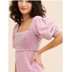 NEW Free People Moon Flower Mini Dress Corduroy Izzy Pink Puff Short Sleeve